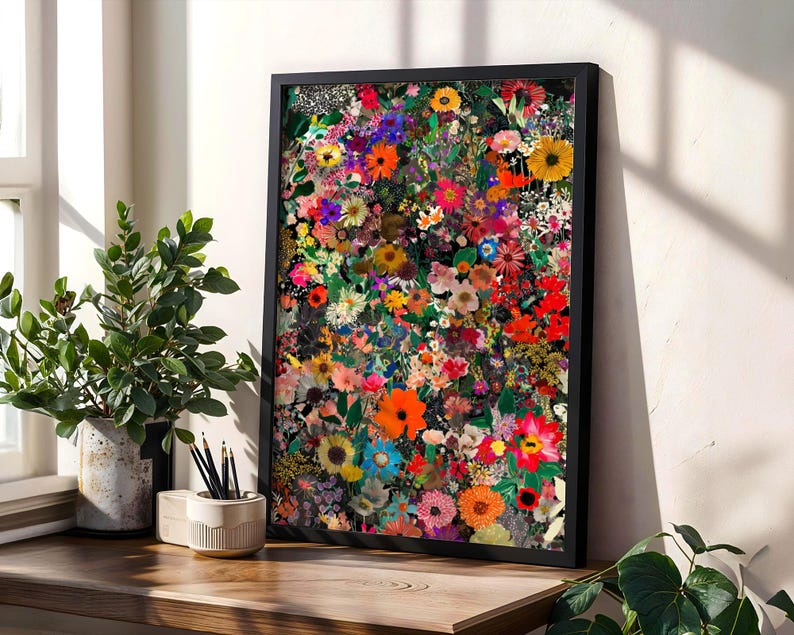 A dense, vibrant digital art print featuring an abundance of various wildflowers in bright colors like red, orange, yellow, purple, and blue, arranged against a dark background to create a maximalist aesthetic.