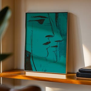 Teal Face Line Wall Art, Modern Minimalist Print, Expressionist Poster, Moody Surreal Art Contemporary Home Decor in Transformative Teal image 7