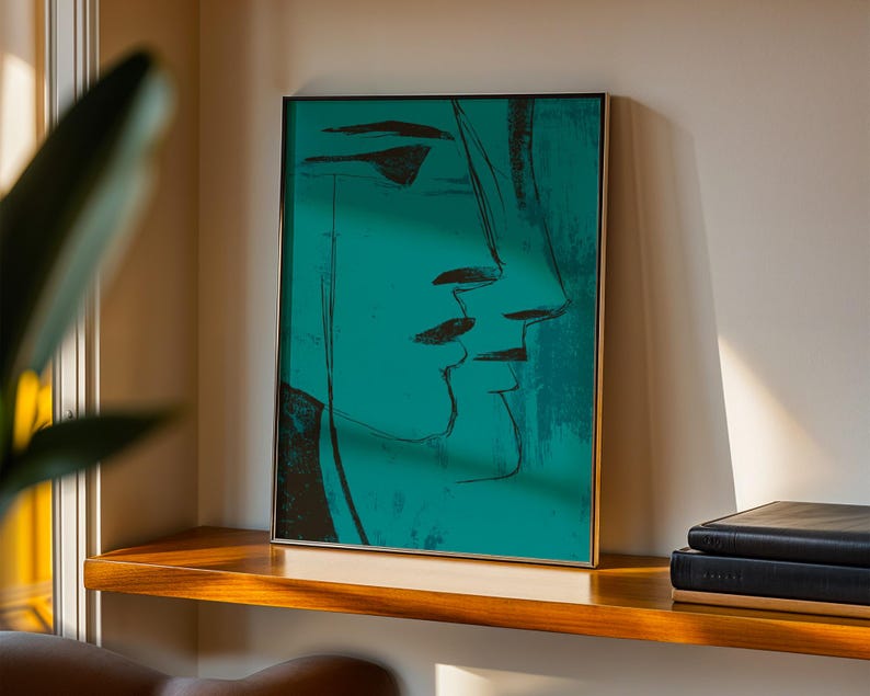 Teal Face Line Wall Art, Modern Minimalist Print, Expressionist Poster, Moody Surreal Art Contemporary Home Decor in Transformative Teal image 7