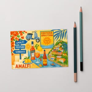 Cartolina Costiera Amalfitana, Italia, Viaggio, Arte, Positano, Aperol, Estate, Cancelleria, Decorazione da Parete, Collage Grazioso, Estetico, Regalo per Lei, Atmosfera Mediterranea