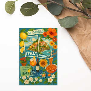 Positano Italië ansichtkaart zomer reizen collage briefpapier retro citroen kunst kaart vakantie cadeau kust Europa esthetiek mini muur decor print