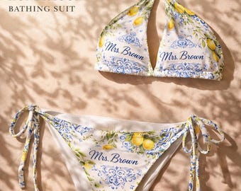Personalized Honeymoon Bikini Bride Name Swimsuit Custom Mrs Bikini Lemon Bridal Shower Gift Wedding Beach Bachelorette Swimwear Set