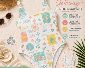 European Travel Print Swimsuit Retro Summer One Piece Bathing Suit Cute Vacation Swimwear For Women Unique Gift Pool Outfit