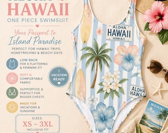 Hawaii One Piece Swimsuit With Palm Trees Surfboards Tropical Flowers For Beach Vacations Pool Parties Summer Travel Womens Bathing Suit