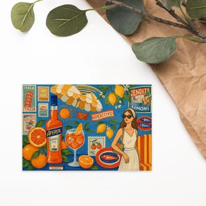 Postal de verano italiana, cóctel Spritz, papelería, bebida retro, arte, tarjeta, vacaciones, viaje, regalo para ella, Europa, artículos de papel estéticos, linda impresión