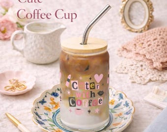 Cute Glass Coffee Cup With Lid And Straw Iced Coffee Cup Aesthetic Coffee Glass Hand Wash Only Gift For Coffee Lover Girl