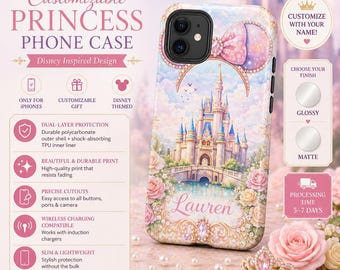 Cover per telefono Disney personalizzata con nome personalizzato, cover per iPhone con estetica castello e principessa, ideale per viaggi e vacanze, un regalo carino per un viaggio a Disneyland.