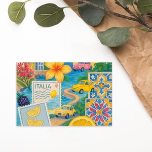 Postal italiana de limón, paseo panorámico en coche, costa de Amalfi, regalo estético para viajeros, decoración de álbumes de recortes de verano, diario de vacaciones italiano, arte