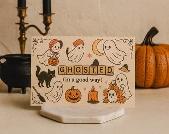 Cartolina di Halloween con fantasma, divertente biglietto d'auguri in stile vintage, carino, da collezione, spettrale, decorazione autunnale, idea regalo, biglietto di Halloween retrò