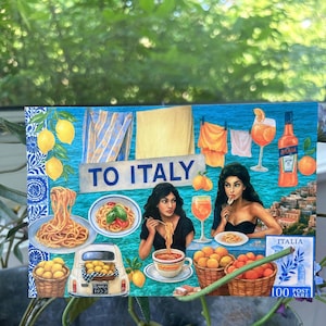 Cartolina di cibo italiano, regalo di viaggio, collage di pizza, pasta, spritz, stampa artistica estiva, estetica, arredamento italiano per lei, carina, carta da cancelleria europea
