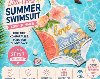 Costume da bagno estivo per bambina, grazioso costume intero per le vacanze, ideale per la spiaggia, la piscina e le giornate in piscina, con motivo floreale mediterraneo e frutta.