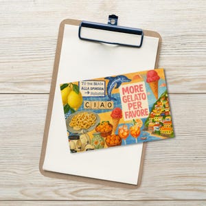 Postal de helado italiano, papelería gastronómica, tarjeta de viaje de verano, regalo de postre de limón, tarjeta artística de vacaciones retro en Italia, impresión de recuerdo de la costa de Amalfi