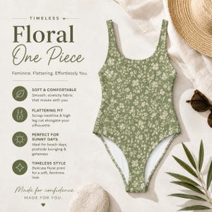May include: A green and white floral one-piece swimsuit. The swimsuit features a scoop neckline and high leg cut. The image text reads "Floral One Piece".