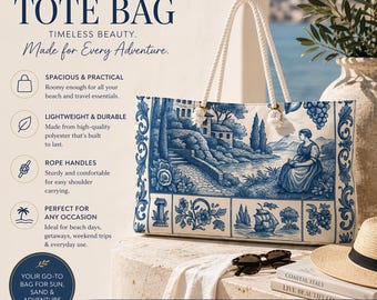 Italian Tile Print Canvas Tote Bag: Large Beach Vacation Carryall