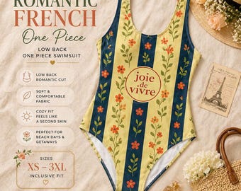 French Stripe One Piece Swimsuit Joie De Vivre Bathing Suit Floral Stripe Swimsuit Coastal Summer Outfit European Vacation Outfit