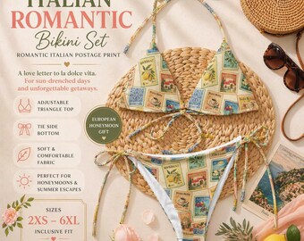 Vintage Italian Stamp Bikini Mediterranean Print Swimsuit Travel Lover Gift European Summer Beach Vacation Outfit