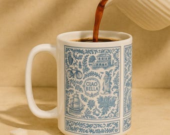 Taza de café Ciao Bella Blue Italian Tile de 444 ml (15 oz), de cerámica vintage mediterránea, apta para lavavajillas y microondas, ideal para la cocina costera.