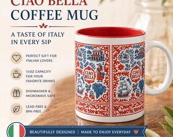 Taza de café italiana Ciao Bella, taza de cocina con azulejos azules, taza de viaje de cerámica para amantes del espresso, decoración mediterránea para el hogar, inspiración italiana.