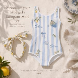 Personalisierte Mädchen Badeanzug Benutzerdefinierte Name One Piece Kinder Badeanzug Blau Streifen Badeanzug Strand Urlaub Outfit Kleinkind Sommer Outfit