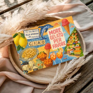 Postal de helado italiano, papelería gastronómica, tarjeta de viaje de verano, regalo de postre de limón, tarjeta artística de vacaciones retro en Italia, impresión de recuerdo de la costa de Amalfi