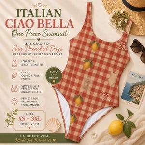 May include: A one-piece swimsuit in a red and beige gingham check design, adorned with lemon motifs. The text "ITALIAN CIAO BELLA" is visible. The swimsuit is designed for vacations and honeymoons.