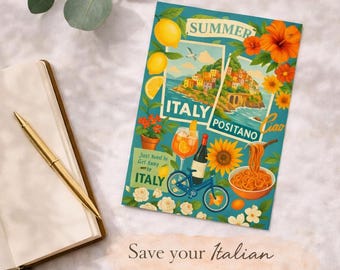 Positano Italy Postcard Summer Travel Collage Stationery Retro Lemon Art Card Vacation Gift Coastal Europe Aesthetic Mini Wall Decor Print