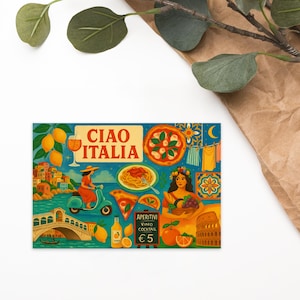 Postal de comida italiana, pizza, pasta, vespa, tarjeta artística de viaje, papelería de verano, decoración de vacaciones italianas, bonito collage retro, regalo para ella, artículos de papel