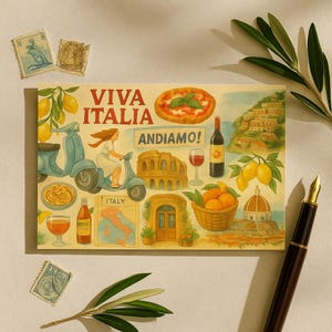 Italy Pizza Postcard Travel Stationery Retro Vespa Collage Card Vacation Gift Italian Summer Art Cute Rome Decor For Her Europe Paper Goods