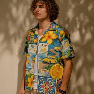 Chemise unisexe côtière boutonnée Italie Carte postale tenue de vacances d'été Chemise de station balnéaire pour hommes et femmes Chemise de voyage européenne