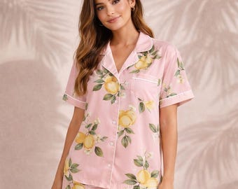 Pijama de limón para despedida de soltera, pijama de novia, camisa de dormir de novia cítrica, atuendo de luna de miel en Italia, regalo para viaje de chicas