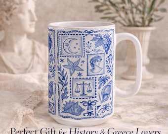 Blue Vintage Ceramic Coffee Mug 15oz European Pattern Tea Cup Dishwasher Safe Microwave Safe Large Kitchen Coffee Lover Morning Cup