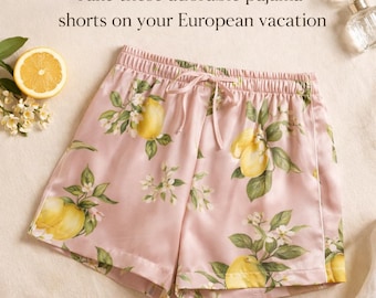 Pantalones cortos de pijama de limón para despedida de soltera, bonitos pantalones cortos para dormir de novia, pijama de verano con estampado de cítricos, regalo para el equipo de la novia.