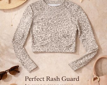 Leopard Long Sleeve Crop Top Swimsuit Rash Guard For Women Recycled UPF Shirt Trendy Beach Outfit Gym Yoga Hiking Summer Travel Look