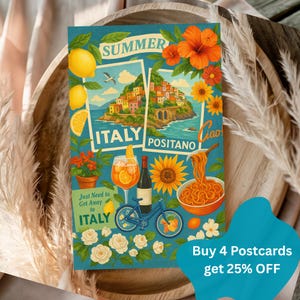 Carte postale d'été Italie Positano voyage vintage impression d'Art collage côtier italien pâtes vin citron carte postale décoration murale esthétique