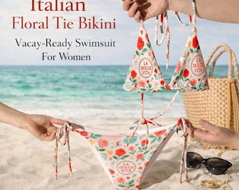 Italian Floral Bikini Set Triangle Tie Bikini Women Cute Vacation Swimsuit Cottagecore Bikini Summer Beach Outfit Gift For Her