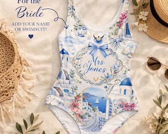 Traje de baño de una pieza personalizado para la novia, traje de baño para la luna de miel, traje de baño personalizado para la Sra., regalo para despedida de soltera en Santorini, Grecia, luna de miel en la playa