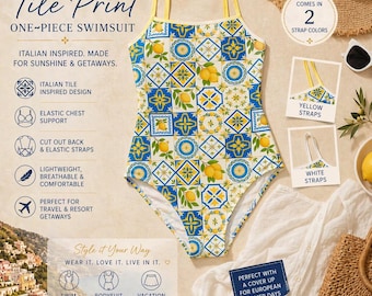 May include: One-piece swimsuit with a Mediterranean tile print. The swimsuit features a blue, yellow, and white tile pattern with lemon accents. It has yellow straps and is designed for sunshine and getaways.