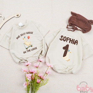 Personalized One Silly Goose On The Loose Baby Romper, Custom Name Baby Outfit, 1st Birthday Bodysuit, Cute Goose Birthday Bubble Romper.