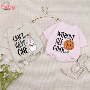 Can&#39;t Have One Without The Other Twin Baby Romper, Twin Baby Clothes Set, Funny Twin Baby Outfit, Milk and Cookie Twin Baby Clothing