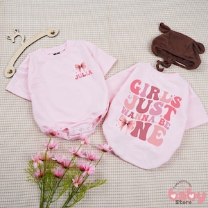 Custom Name Girls Just Wanna Be One Baby Romper, First Birthday Baby Clothes, Bow First Birthday Bodysuit, Pink bow One birthday Girl Outfit