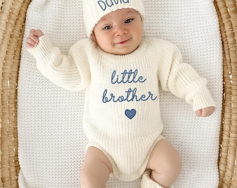 EMBROIDERED Little Brother Knit Ruffles Romper, Little Brother Knitted Set With Booties, Baby Boy Shower Gift, Lil Brother Bodysuit