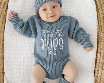 Embroidered Baby Romper Set, Meet My Pups Outfit, Custom Name Knit Sweater