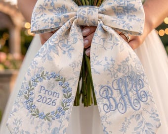 Embroidered Bouquet Ribbon Sash, Custom Monogram Prom Graduation Wrap