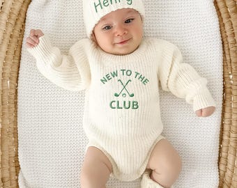 EMBROIDERED Custom Name New to the Club Baby Set, Golfer Baby Knit Sweater, Custom Little Golfer Bodysuit, Daddy's Golfing Buddy Outfit