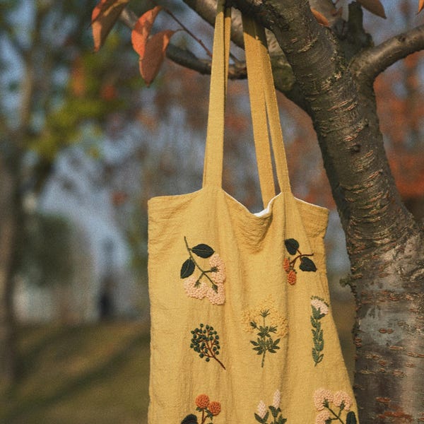 Handmade vintage flower embroidered tote bag, vintage plant natural embroidery bag