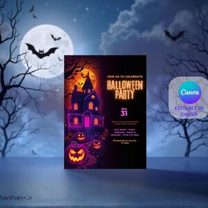 Halloween Party Einladung Vorlage | Gruselige Leinwand Einladen | Druckbarer Halloween Flyer | Digitaler Download |Trick or Treat Event-Einladung QIV027