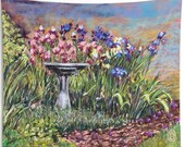 wall art, garden, Iris, flower, floral, bird bath, garden lover, flower lover, Iris lover, Indoor, Wall Tapestries