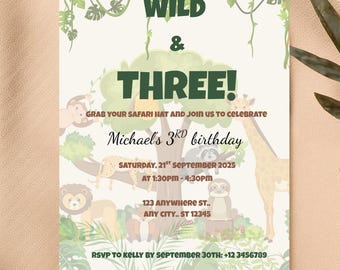 Wild and Three Birthday Invitation, Safari Jungle Party Invite, 3rd Birthday Digital Download, Editable Kids Birthday Template, Printable