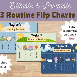 Anpassbarer visueller Stundenplan Flip Charts für Kinder, Morgens, Nachmittags, vor dem Schlafengehen digitale Checklisten-Routinen, faltbare druckbare Canva-Vorlagen