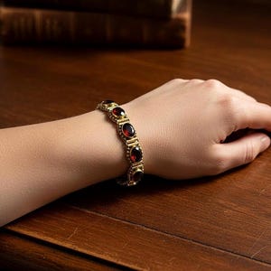 Garnet Gemstone Bracelet / Brass Gold Pelated / Oval Shape Gift Jewellery For Him & Her / Adjustable